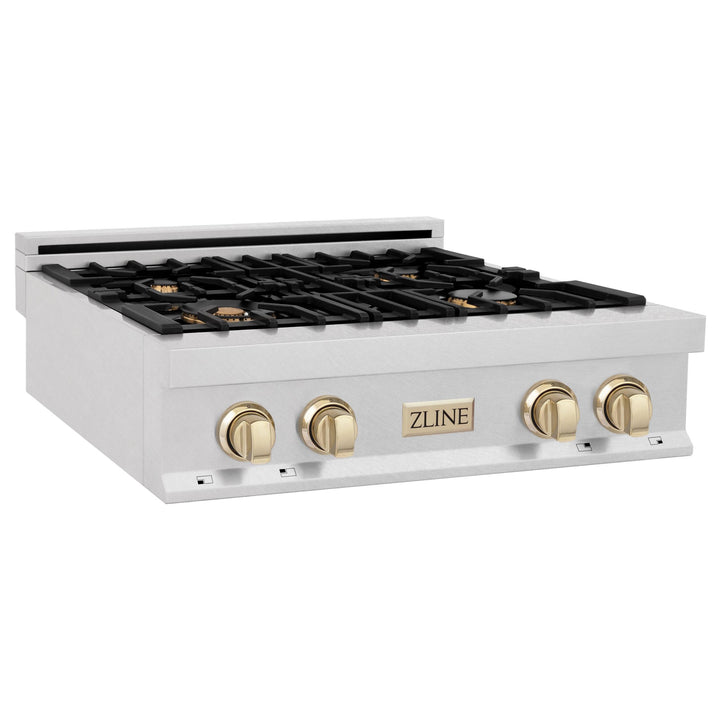 ZLINE KITCHEN AND BATH RTSZ30G ZLINE Autograph Edition 30" Porcelain Rangetop with 4 Gas Burners in DuraSnow R Stainless Steel and Accents Color: Gold