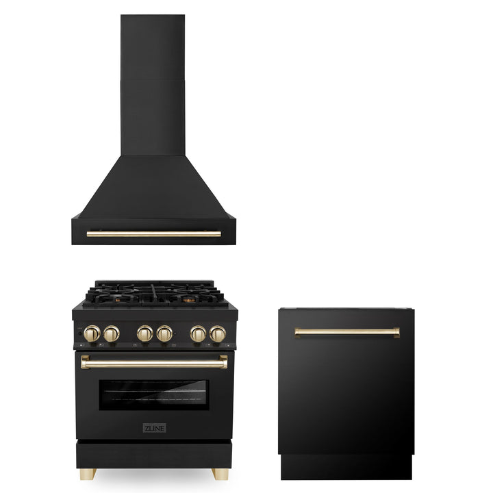 ZLINE KITCHEN AND BATH 3AKPRABRHDWV30G ZLINE 30" Autograph Edition Kitchen Package with Black Stainless Steel Dual Fuel Range, Range Hood and Dishwasher with Gold Accents