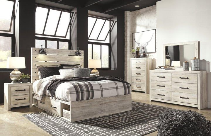 ASHLEY FURNITURE PKG003006 King Panel Bed With 2 Storage Drawers With Mirrored Dresser, Chest and 2 Nightstands