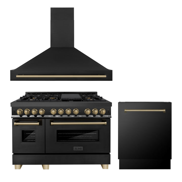 ZLINE KITCHEN AND BATH 3AKPRABRHDWV48CB ZLINE 48" Autograph Edition Kitchen Package with Black Stainless Steel Dual Fuel Range, Range Hood and Dishwasher with Champagne Bronze Accents