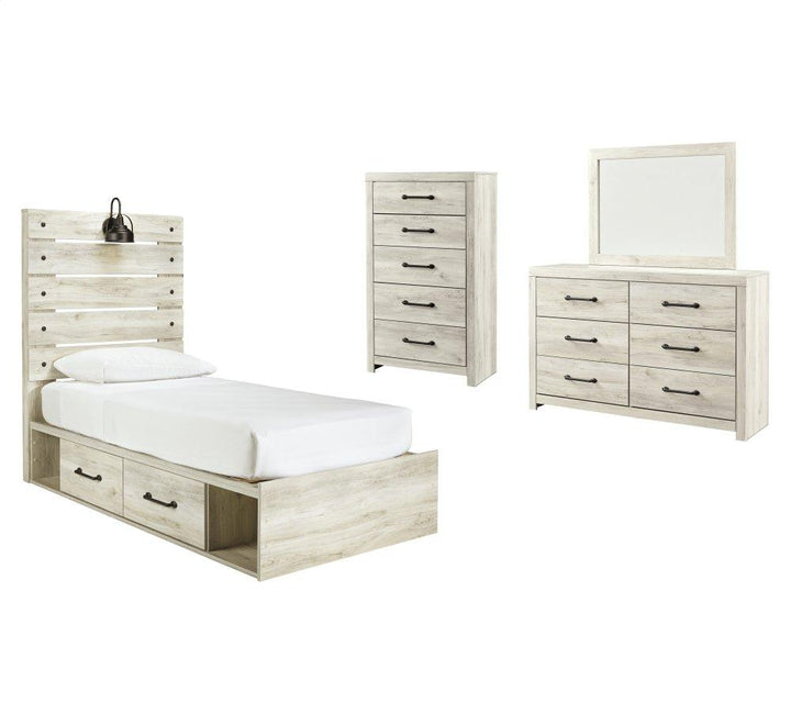 ASHLEY FURNITURE PKG003015 Twin Panel Bed With 4 Storage Drawers With Mirrored Dresser and Chest