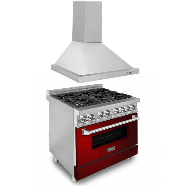 ZLINE KITCHEN AND BATH 2KPRARGRH36 ZLINE 36" Kitchen Package with Stainless Steel Dual Fuel Range with Red Gloss Door and Convertible Vent Range Hood