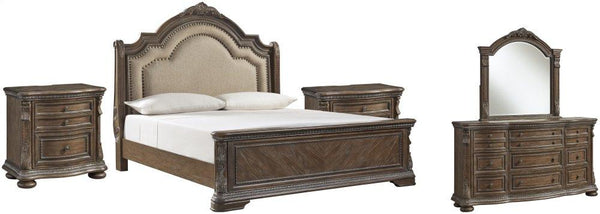 ASHLEY FURNITURE PKG007113 California King Upholstered Sleigh Bed With Mirrored Dresser and 2 Nightstands