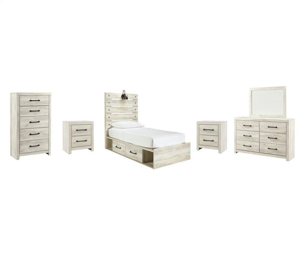 ASHLEY FURNITURE PKG002983 Twin Panel Bed With 2 Storage Drawers With Mirrored Dresser, Chest and 2 Nightstands