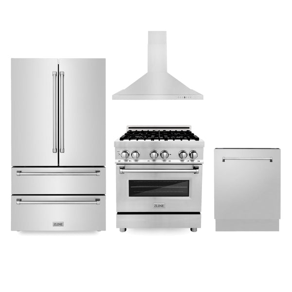 ZLINE KITCHEN AND BATH 4KPRRARH30DWV ZLINE Kitchen Package with Refrigeration, 30" Stainless Steel Dual Fuel Range, 30" Convertible Vent Range Hood and 24" Tall Tub Dishwasher