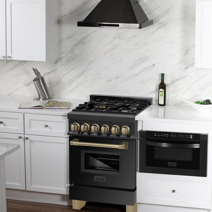 ZLINE KITCHEN AND BATH RABZ24G ZLINE Autograph Edition 24" 2.8 cu. ft. Dual Fuel Range with Gas Stove and Electric Oven in Black Stainless Steel with Champagne Bronze Accents Color: Gold