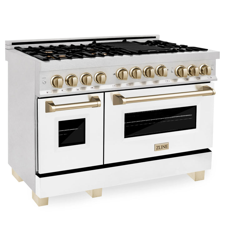 ZLINE KITCHEN AND BATH RGSZWM48CB ZLINE Autograph Edition 48" 6.0 cu. ft. Range with Gas Stove and Gas Oven in DuraSnow R Stainless Steel with White Matte Door Color: Champagne Bronze