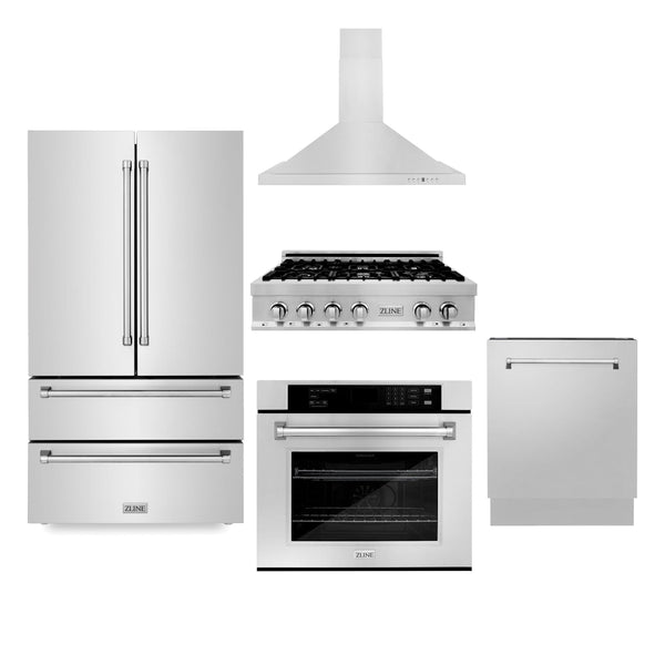 ZLINE KITCHEN AND BATH 5KPRRTRH36AWSDWV ZLINE Kitchen Package with Refrigeration, 36" Stainless Steel Rangetop, 36" Range Hood, 30" Single Wall Oven and 24" Tall Tub Dishwasher