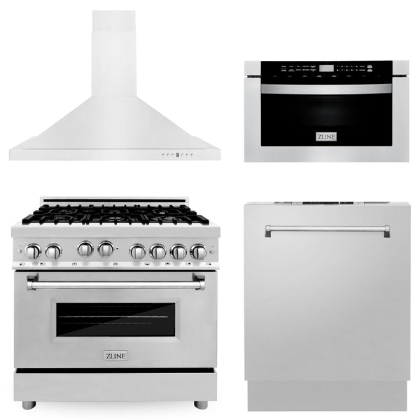 ZLINE KITCHEN AND BATH 4KPRGRH36MWDW ZLINE 36" Kitchen Package with Stainless Steel Gas Range, Range Hood, Microwave Drawer and Dishwasher