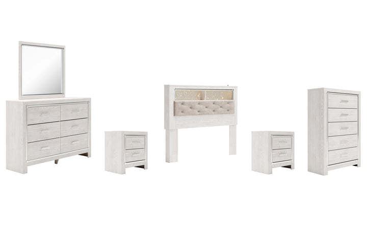 ASHLEY FURNITURE PKG009483 Queen Bookcase Headboard With Mirrored Dresser, Chest and 2 Nightstands
