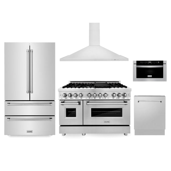 ZLINE KITCHEN AND BATH 5KPRRARH48MWDWV ZLINE Kitchen Package with Refrigeration, 48" Stainless Steel Dual Fuel Range, 48" Convertible Vent Range Hood, 24" Microwave Drawer, and 24" Tall Tub Dishwasher