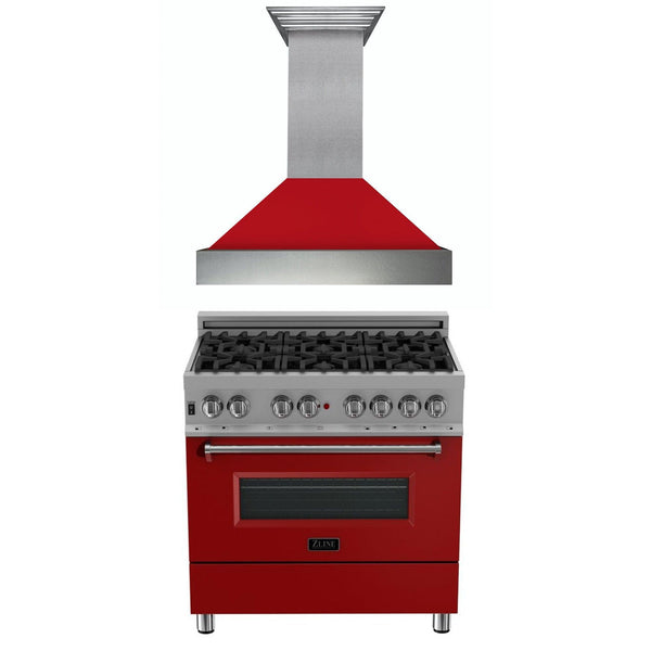 ZLINE KITCHEN AND BATH 2KPRASRMRH36 ZLINE 36" Kitchen Package with DuraSnow R Stainless Steel Dual Fuel Range with Red Matte Door and Convertible Vent Range Hood