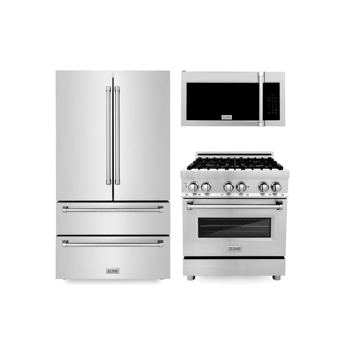 ZLINE KITCHEN AND BATH 3KPRRAOTRH30 ZLINE Kitchen Package with Stainless Steel Refrigeration, 30" Dual Fuel Range and Traditional Over the Range Microwave