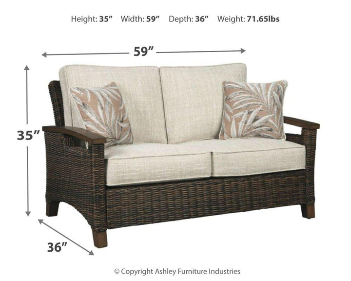 ASHLEY FURNITURE PKG014561 Outdoor Sofa and Loveseat With Fire Pit Table