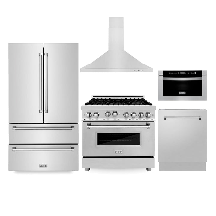 ZLINE KITCHEN AND BATH 5KPRRGRH36MWDWV ZLINE Kitchen Package with Refrigeration, 36" Stainless Steel Gas Range, 36" Convertible Vent Range Hood, 24" Microwave Drawer, and 24" Tall Tub Dishwasher