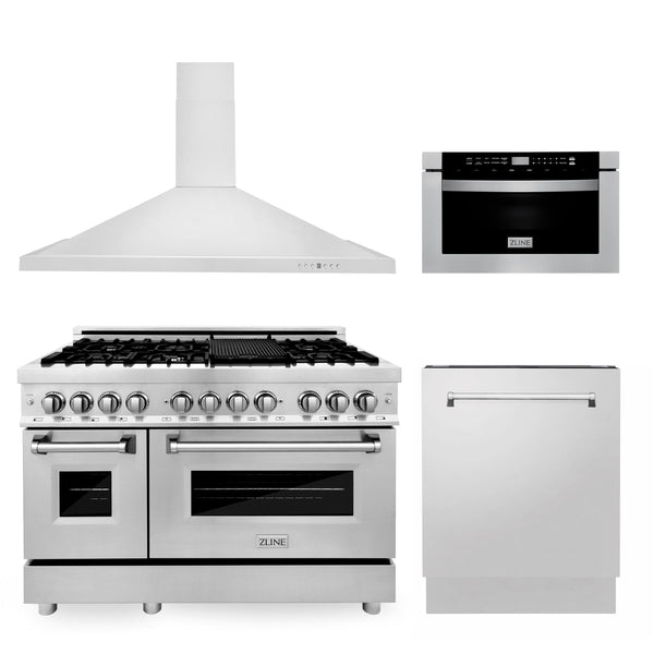 ZLINE KITCHEN AND BATH 4KPRARH48MWDWV ZLINE 48" Kitchen Package with Stainless Steel Dual Fuel Range, Range Hood, Microwave Drawer and Tall Tub Dishwasher