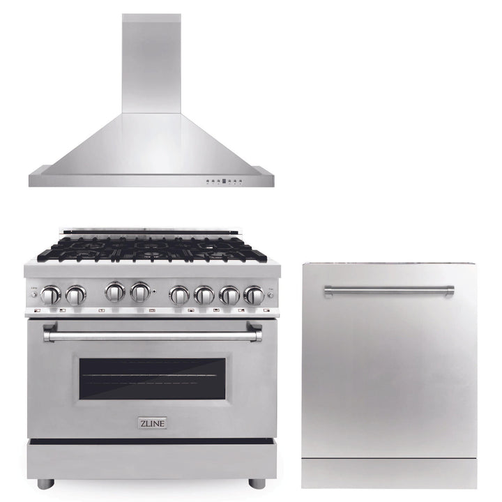 ZLINE KITCHEN AND BATH 3KPRGRH36DW ZLINE 36" Kitchen Package with Stainless Steel Gas Range, Convertible Vent Range Hood and Dishwasher