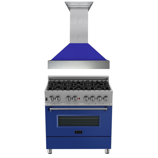 ZLINE KITCHEN AND BATH 2KPRASBMRH36 ZLINE 36" Kitchen Package with DuraSnow R Stainless Steel Dual Fuel Range with Blue Matte Door and Convertible Vent Range Hood