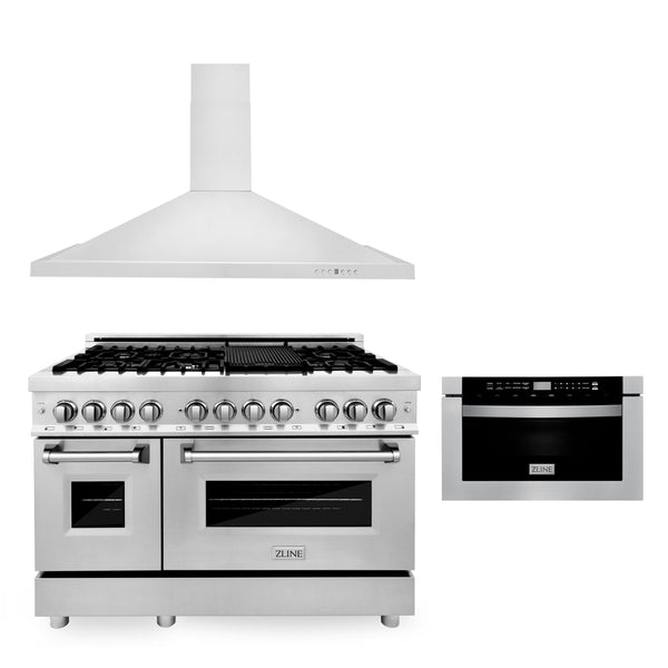 ZLINE KITCHEN AND BATH 3KPRARH48MW ZLINE 48" Kitchen Package with Stainless Steel Dual Fuel Range, Convertible Vent Range Hood and Microwave Drawer