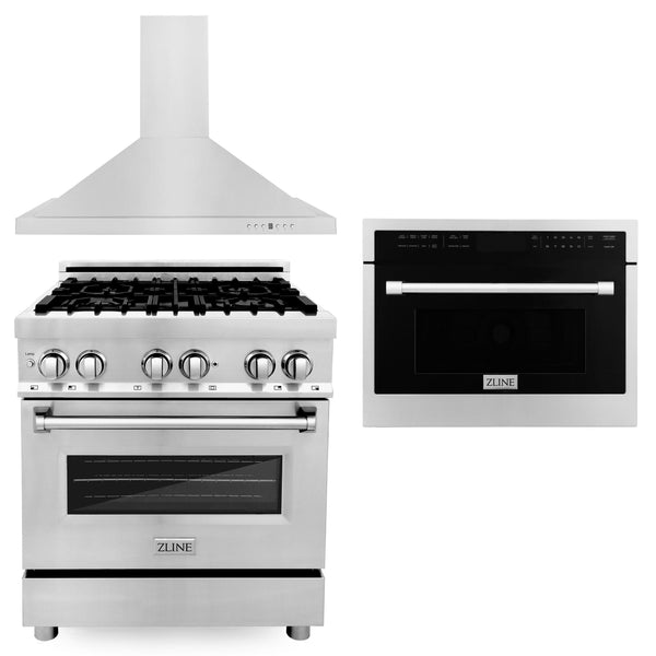 ZLINE KITCHEN AND BATH 3KPRARHMWO30 ZLINE 30" Kitchen Package with Stainless Steel Dual Fuel Range, Convertible Vent Range Hood and 24" Microwave Oven