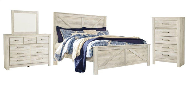 ASHLEY FURNITURE PKG004703 King Crossbuck Panel Bed With Mirrored Dresser and Chest