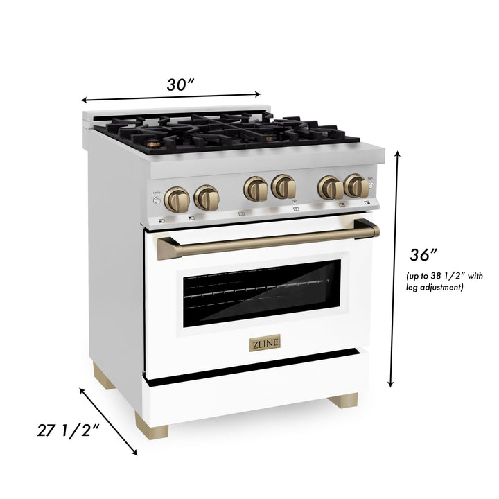 ZLINE KITCHEN AND BATH RGZWM30CB ZLINE Autograph Edition 30" 4.0 cu. ft. Range with Gas Stove and Gas Oven in Stainless Steel with White Matte Door and Accents Color: Champagne Bronze