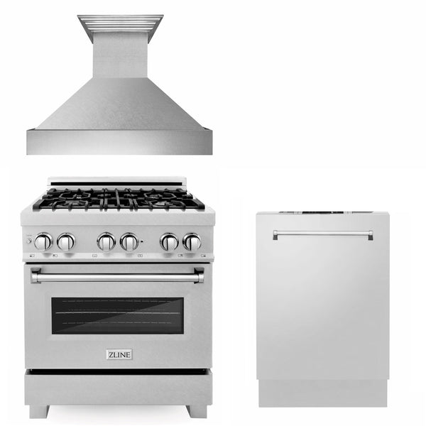 ZLINE KITCHEN AND BATH 3KPRGSRH30DW ZLINE 30" Kitchen Package with DuraSnow R Stainless Steel Gas Range, Ducted Range Hood and Dishwasher