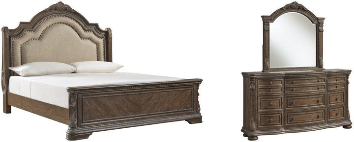 ASHLEY FURNITURE PKG007112 California King Upholstered Sleigh Bed With Mirrored Dresser