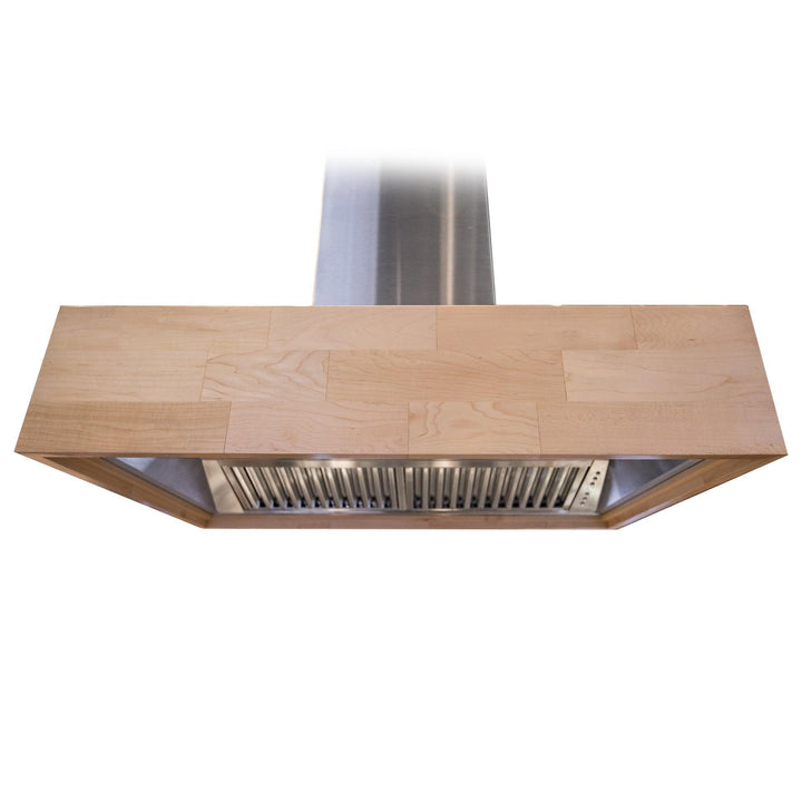 ZLINE KITCHEN AND BATH 681IMRD42 ZLINE Remote Blower Designer Series Wooden Island Mount Range Hood in Butcher Block Size: 42 Inch, CFM: 700