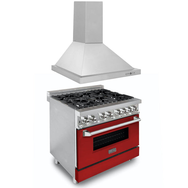 ZLINE KITCHEN AND BATH 2KPRARMRH36 ZLINE 36" Kitchen Package with DuraSnow R Stainless Steel Dual Fuel Range with Red Matte Door and Convertible Vent Range Hood