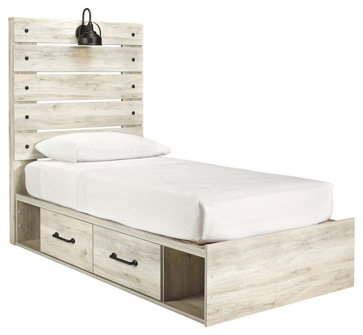 ASHLEY FURNITURE PKG003017 Twin Panel Bed With 4 Storage Drawers With Mirrored Dresser, Chest and 2 Nightstands