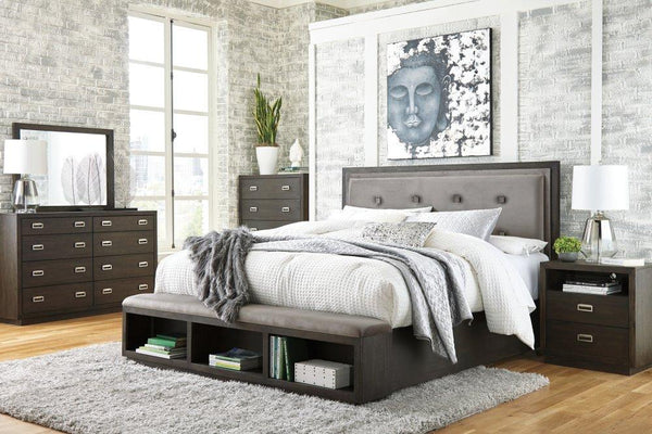 ASHLEY FURNITURE PKG006544 King Upholstered Panel Bed With Storage With Mirrored Dresser, Chest and 2 Nightstands