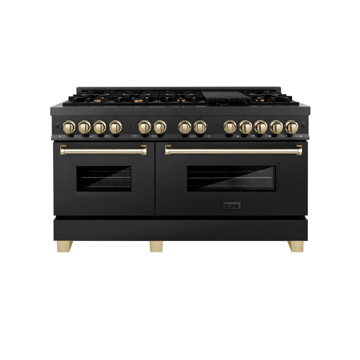 ZLINE KITCHEN AND BATH RABZ60G ZLINE Autograph Edition 60" 7.4 cu. ft. Dual Fuel Range with Gas Stove and Electric Oven in Black Stainless Steel with Accents Color: Gold