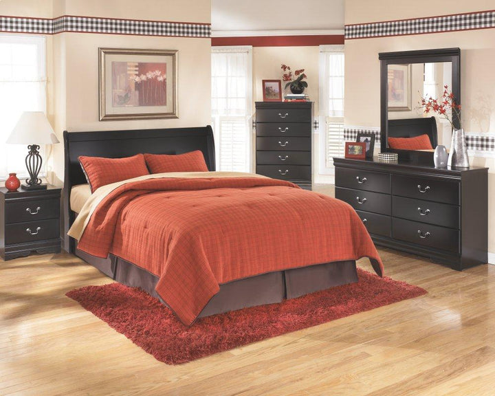 ASHLEY FURNITURE PKG002515 Queen Sleigh Headboard With Mirrored Dresser, Chest and Nightstand