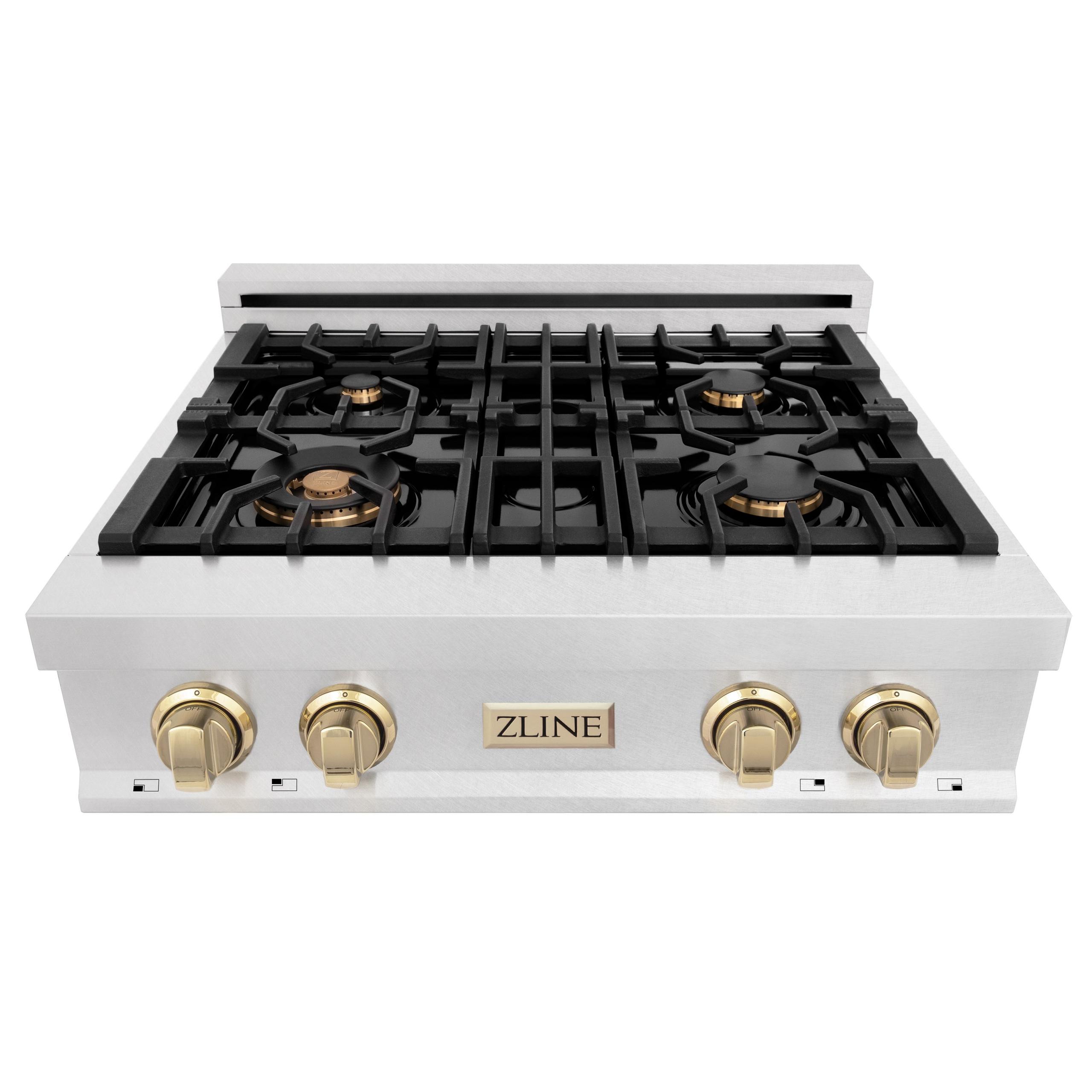 ZLINE KITCHEN AND BATH RTSZ30G ZLINE Autograph Edition 30" Porcelain Rangetop with 4 Gas Burners in DuraSnow R Stainless Steel and Accents Color: Gold