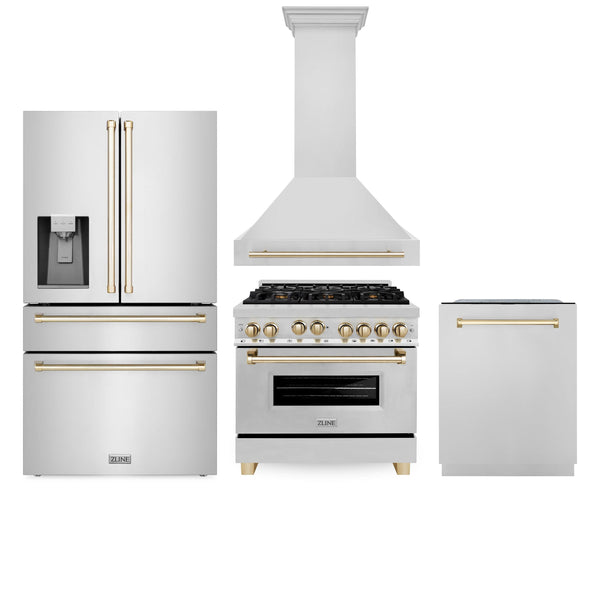 ZLINE KITCHEN AND BATH 4AKPRRGRHDWM36G ZLINE 36" Autograph Edition Kitchen Package with Stainless Steel Gas Range, Range Hood, Dishwasher and Refrigeration with Gold Accents