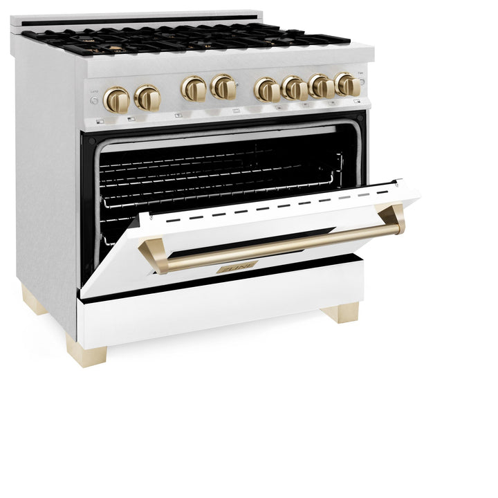 ZLINE KITCHEN AND BATH RGSZWM36CB ZLINE 36" 4.6 cu. ft. Range with Gas Stove and Gas Oven in DuraSnow R Stainless Steel with White Matte Door and Accents Accent: Champagne Bronze