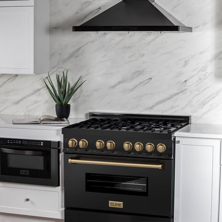 ZLINE KITCHEN AND BATH RGBZ36G ZLINE Autograph Edition 36" 4.6 cu. ft. Range with Gas Stove and Gas Oven in Black Stainless Steel with Accents Size: Gold