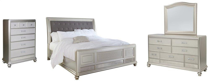 ASHLEY FURNITURE PKG007818 Queen Upholstered Sleigh Bed With Mirrored Dresser and Chest