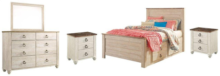 ASHLEY FURNITURE PKG004378 Full Panel Bed With 2 Storage Drawers With Mirrored Dresser and 2 Nightstands