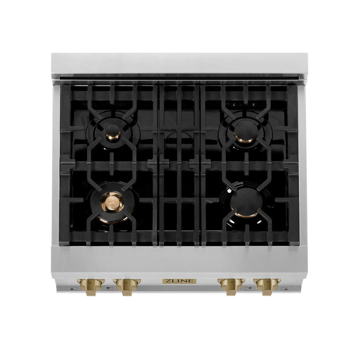 ZLINE KITCHEN AND BATH RTZ30CB ZLINE Autograph Edition 30" Porcelain Rangetop with 4 Gas Burners in Stainless Steel with Accents Accent: Champagne Bronze