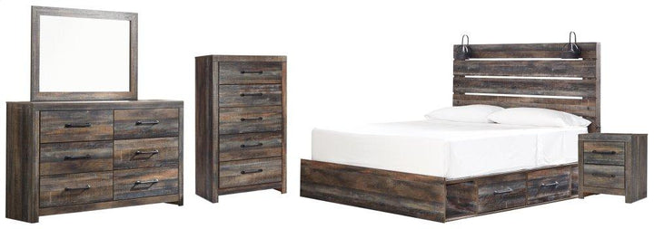ASHLEY FURNITURE PKG003202 King Panel Bed With 2 Storage Drawers With Mirrored Dresser, Chest and Nightstand