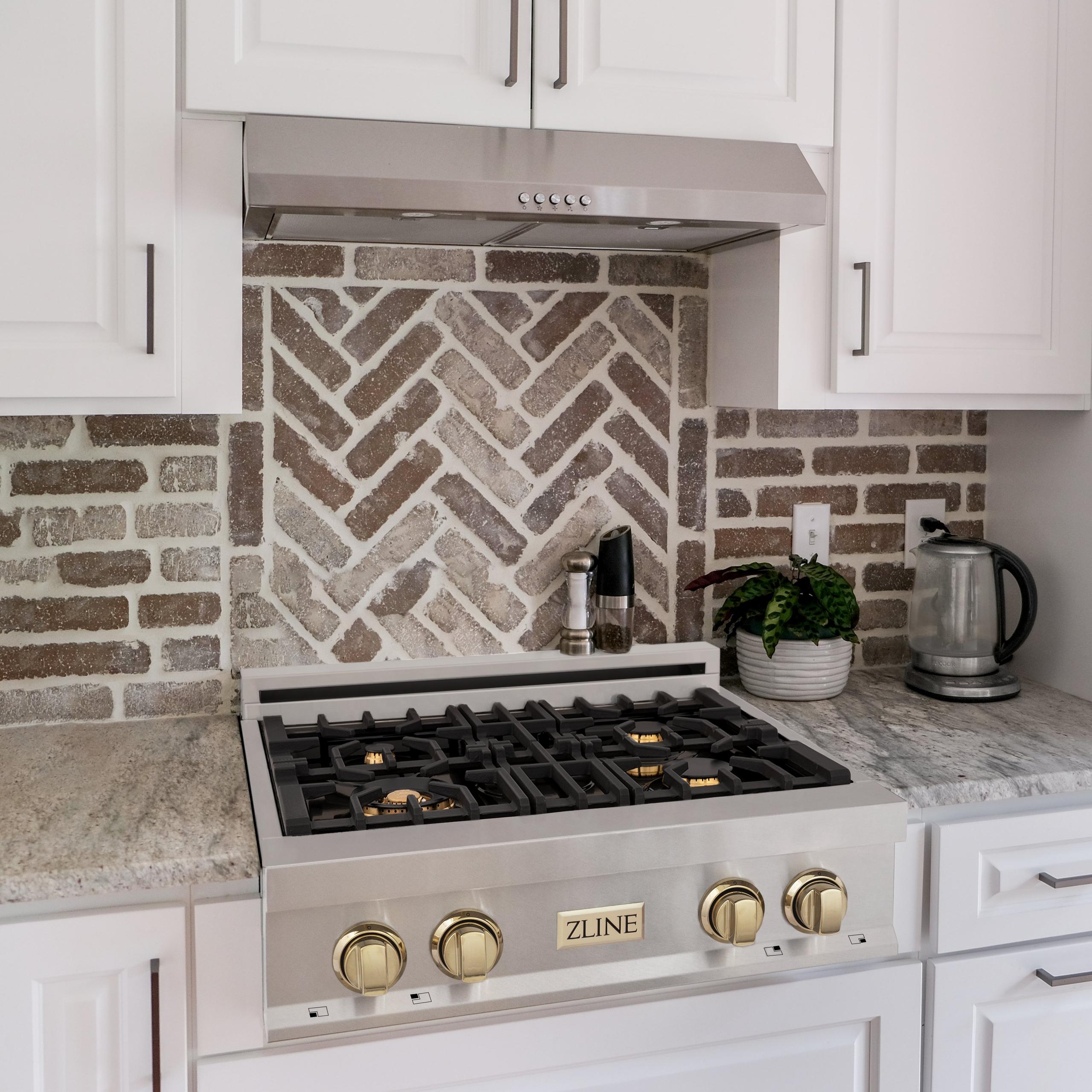 ZLINE KITCHEN AND BATH RTSZ30CB ZLINE Autograph Edition 30" Porcelain Rangetop with 4 Gas Burners in DuraSnow R Stainless Steel and Accents Color: Champagne Bronze