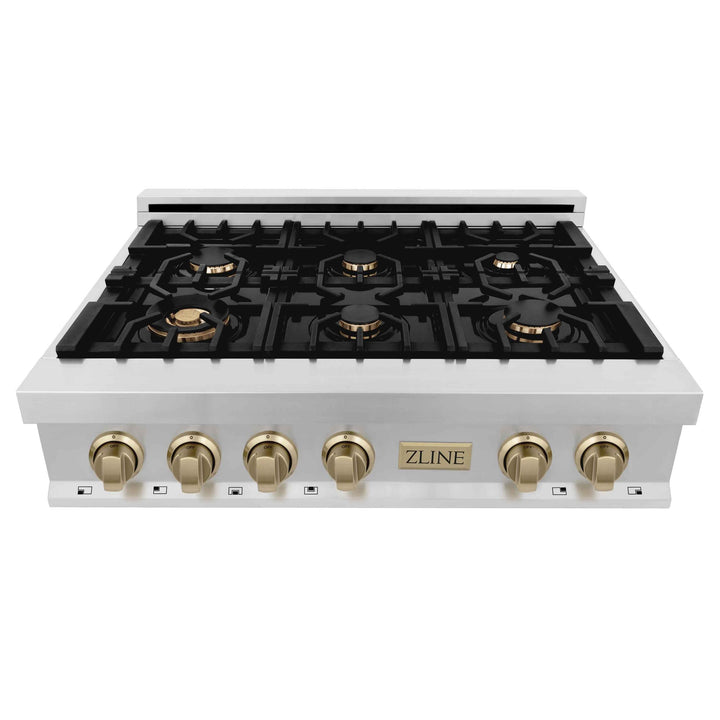 ZLINE KITCHEN AND BATH RTZ36G ZLINE Autograph Edition 36" Porcelain Rangetop with 6 Gas Burners in Stainless Steel with Accents Color: Gold