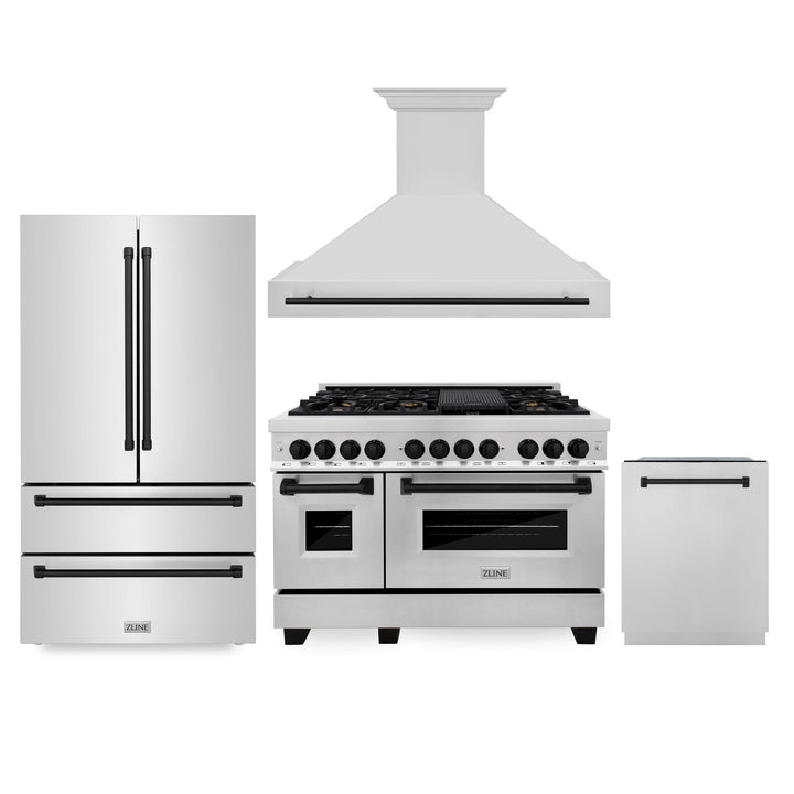 ZLINE KITCHEN AND BATH 4KAPRRARHDWM48MB ZLINE 48" Autograph Edition Kitchen Package with Stainless Steel Dual Fuel Range, Range Hood, Dishwasher and Refrigeration with Matte Black Accents