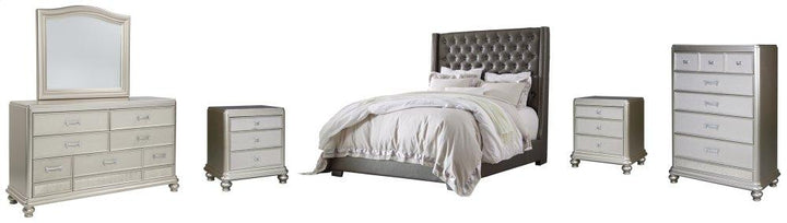 ASHLEY FURNITURE PKG007831 California King Upholstered Bed With Mirrored Dresser, Chest and 2 Nightstands