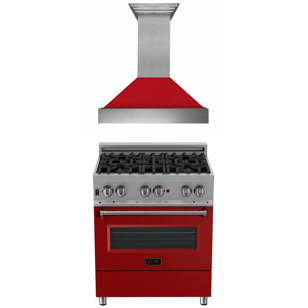 ZLINE KITCHEN AND BATH 2KPRASRMRH30 ZLINE 30" Kitchen Package with DuraSnow R Stainless Steel Dual Fuel Range with Red Matte Door and Convertible Vent Range Hood