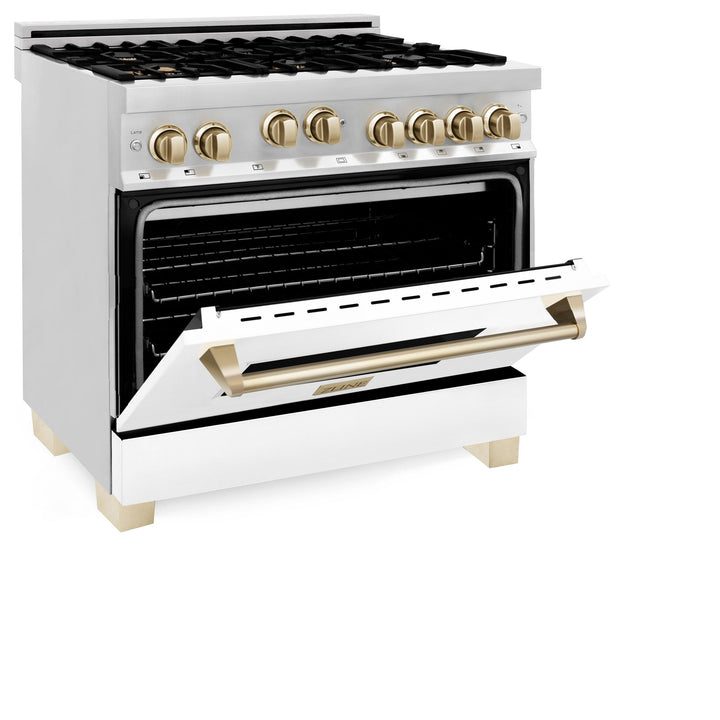 ZLINE KITCHEN AND BATH RGZWM36CB ZLINE Autograph Edition 36" 4.6 cu. ft. Range with Gas Stove and Gas Oven in Stainless Steel with White Matte Door and Accents Color: Champagne Bronze