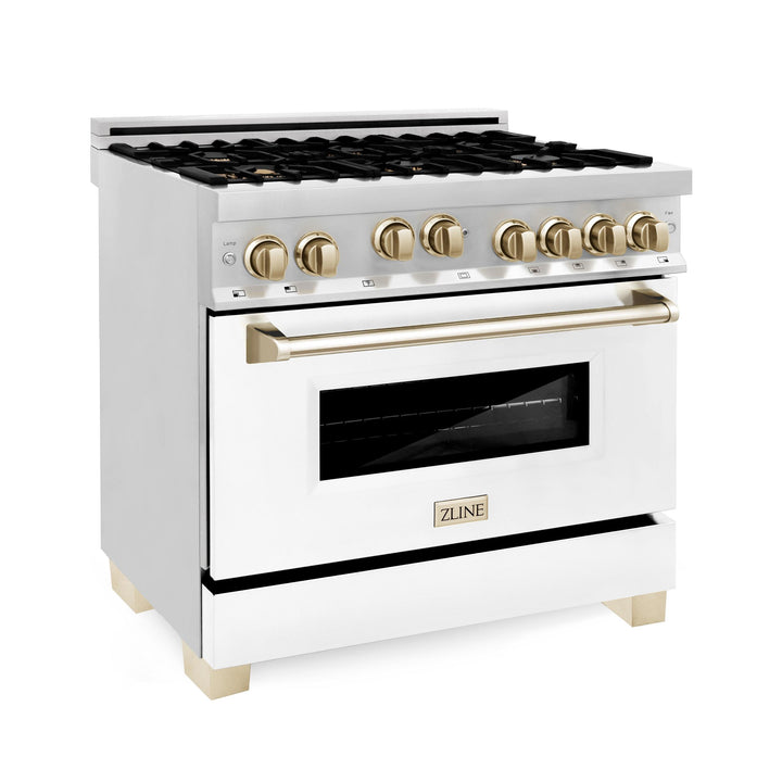 ZLINE KITCHEN AND BATH RGZWM36CB ZLINE Autograph Edition 36" 4.6 cu. ft. Range with Gas Stove and Gas Oven in Stainless Steel with White Matte Door and Accents Color: Champagne Bronze