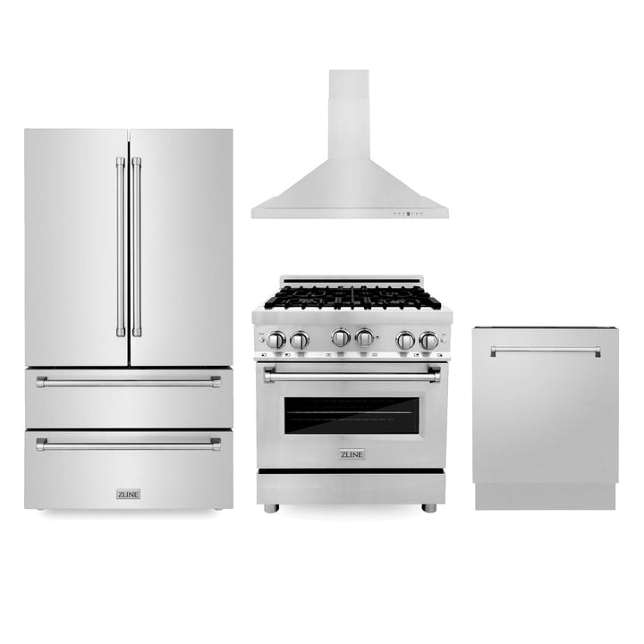 ZLINE KITCHEN AND BATH 4KPRRGRH30DWV ZLINE Kitchen Package with Refrigeration, 30" Stainless Steel Gas Range, 30" Convertible Vent Range Hood and 24" Tall Tub Dishwasher